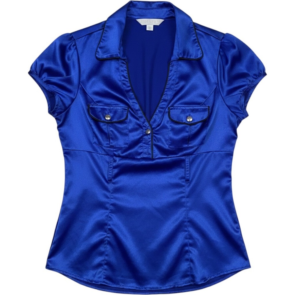 Electric Blue Satin Short Sleeve Blouse Black Piping V-Neck Top 72906LXJ